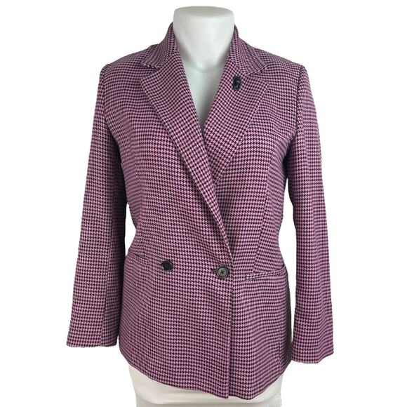 MNG Mango Women's Pink Purple Houndstooth Double Breasted Coat Blazer Jacket L - Picture 1 of 5